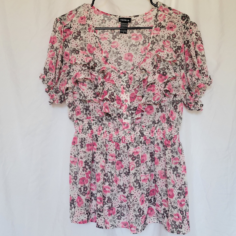 Torrid Pink and White Flutter Sleeve Blouse